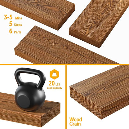 BAMEOS Floating Shelves, American Oak Wall Mounted Wooden Shelves with Invisible Brackets Set of 3, Hanging Wall Shelves Decoration for Bedroom, Bathroom, Living Room and Kitchen