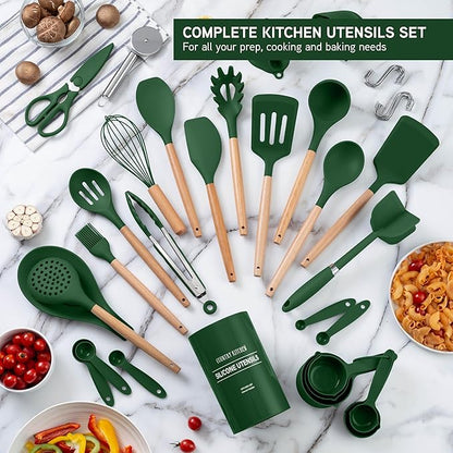 Country Kitchen Non Stick Silicone Utensil Set with Rounded Wood Handles for Cooking and Baking, 38 Piece Set, Green