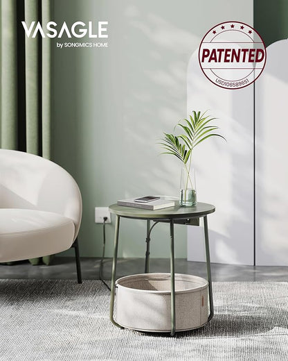 VASAGLE Side Table with Charging Station, Round End Table with Fabric Basket, Nightstand with Power Outlets, USB Ports, for Living Room, Bedroom, Modern, Forest Green and Cream White ULET228C04