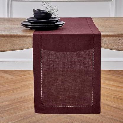 Solino Home Linen Burgundy Table Runner 120 Inches Long - 100% Pure Linen 14 x 120 Inch Table Runner for Fall, Autumn, Thanksgiving - Classic Hemstitch