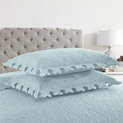 MarCielo 3-Piece 100% Cotton Oversized Bedspread Lightweight Quilt Coverlet Embroidery Farmhouse Bedding Set (TW Mint Green Blue, Oversized Queen (100"x106"))