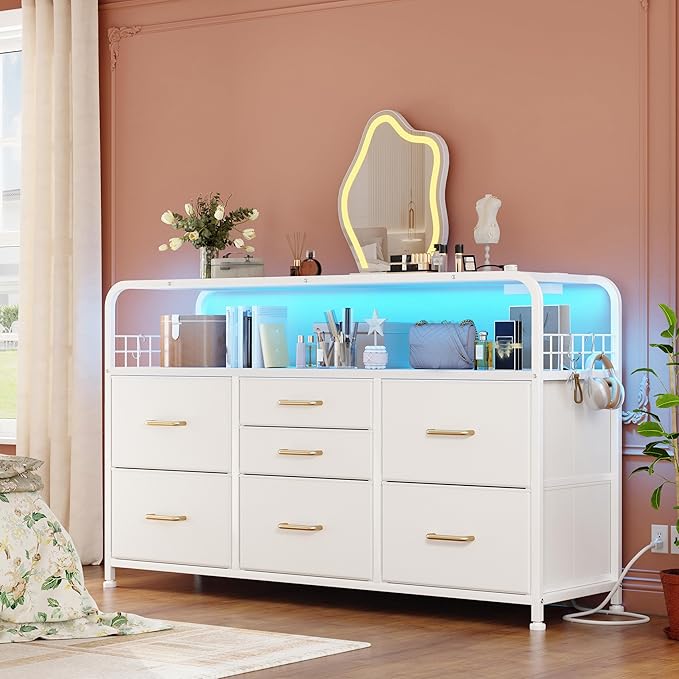 TV Stand for Bedroom with LED Lights & Charging Station, 7 Drawer with Open Shelf, Media Console for Living Room & Chest of Drawers for Closet, Entryway, Hallway, 4 Hooks, White