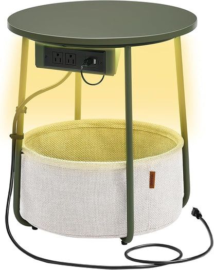 VASAGLE Side Table with Charging Station, Round End Table with Fabric Basket, LED Nightstand with Power Outlets, USB Ports, for Living Room, Bedroom, Modern, Forest Green and Cream White ULET227C01