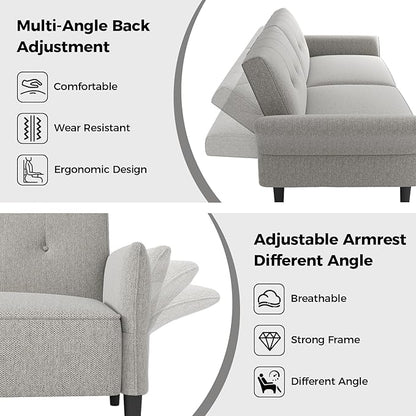 89” Futon Sofa Bed, Linen Comfy Futon Couch Bed with 2 Square Pillows, Convertible Sleeper Sofa with Adjustable Backrest& Armrests, Modern Loveseat Sleeper for Living Room, Bedroom, Light Gray