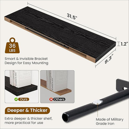 Fun Memories Floating Shelves for Wall, 32 Inch Rustic Wood Wall Mounted Shelves for Bathroom, Bedroom, Kitchen, Living Room, Deep Floating Shelves for Storage & Home Decor (Black, Set of 2)