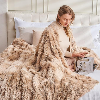 GONAAP Fuzzy Faux Fur Throw Blanket Queen Size Tie-dye Beige Super Soft Cozy Plush Fuzzy Shaggy Blanket for Couch Sofa Bed (Tie-dye Beige, Queen(90"x90"))