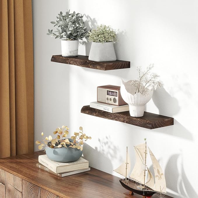 24" Floating Shelves, Live Edge Solid Elm Wood Floating Shelf, Wall Mounted Display Shelves with Heavy-Duty Bracket for Books, Rustic Wooden Shelf for Kitchen, Bathroom, Walnut Color, Set of 2