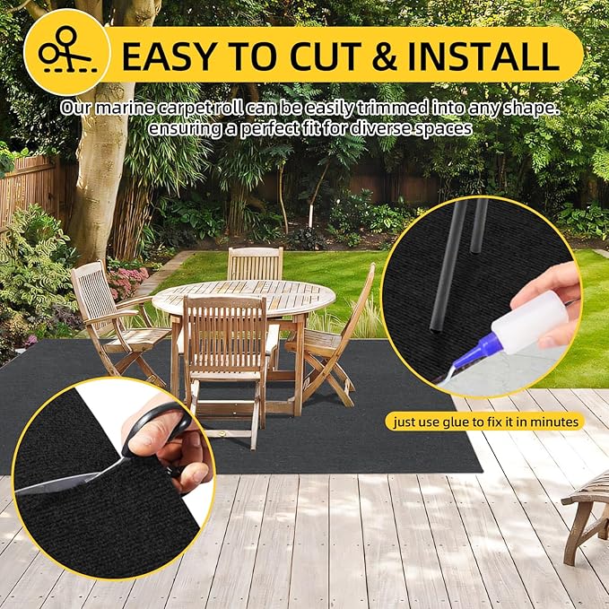 Marine Carpet, 5 FT x 25 FT Black Indoor/Outdoor Rug, 0.2" Thick, Non-Slip, Waterproof