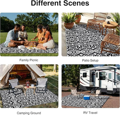 OLANLY Outdoor Rug Waterproof 6x9 ft Clearance, Reversible Outdoor Plastic Straw Rug with Floral Pattern, RV Mat for Patio, Camping, Balcony, Deck, Backyard, Black & White