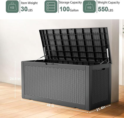 DRATO 100 Gallon Large Deck Box, Outdoor Storage Box for Patio Furniture, Patio Cushions, Gardening Tools, Pool Supplies,660lbs Weight Capacity,Waterproof Resin Storage Boxes