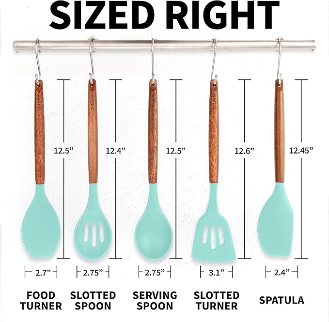 Zulay Kitchen Non-Stick Cooking Utensils Set with Authentic Acacia Wood Handles – 5-Piece Durable & Stylish Silicone Kitchen Utensils Set – Heat Resistant to 464°F – Aqua