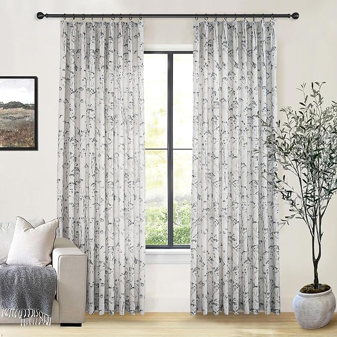 Pinch Pleated Floral Linen Curtains 2 Panels Elegant Light Filtering Privacy Drape,52 Inch Wide by 84 Inch Long Curtains Suitable for Living Rooms and Bedrooms