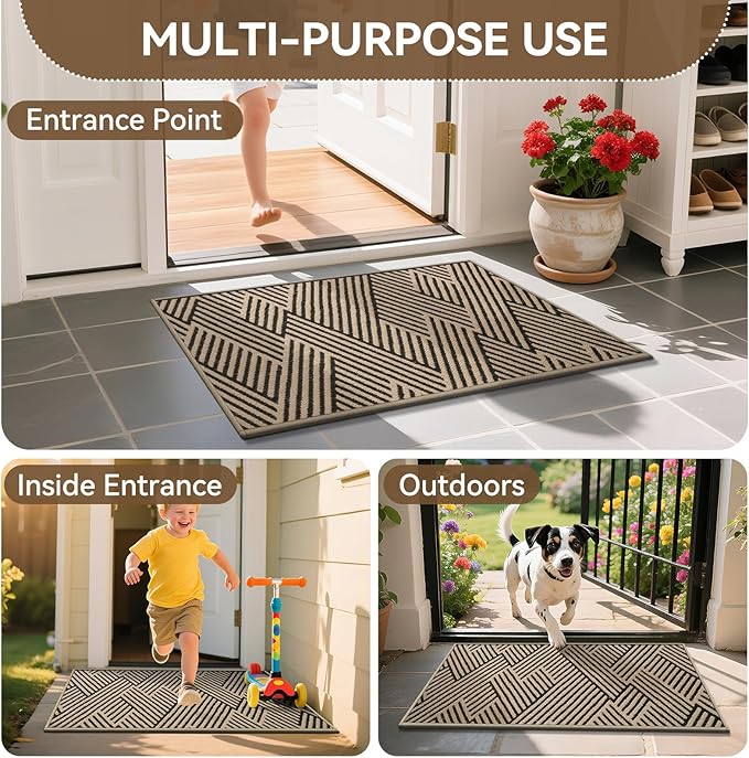 Front Door Mat Outside Entrance, Non Slip Rubber Backing, Trap Dirt and Moisture, Easy Clean Low Profile Welcome Floor Mats for Patio Porch Indoor Outdoor Entry Mat, 31x47 Inch, Brown