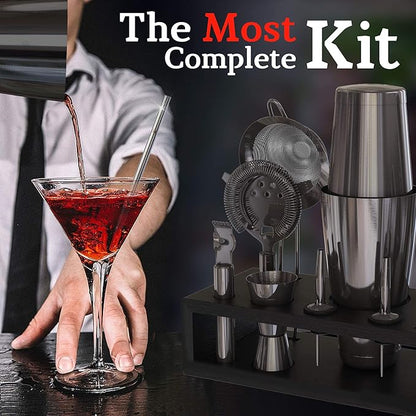 Highball & Chaser 13-Piece Gunmetal Black Stainless Steel Boston Cocktail Shaker Bar Tool Set with Mixology Bartender Kit Accessories