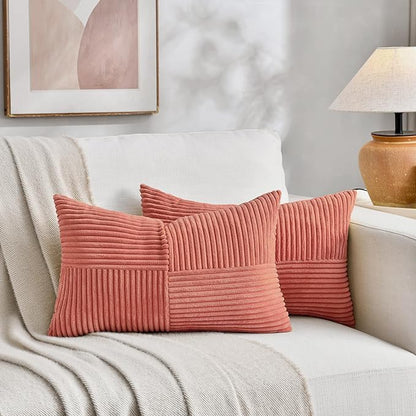 Fancy Homi 2 Packs Coral Lumbar Decorative Throw Pillow Covers 14x24 Inch for Living Room Couch, Rustic Farmhouse Boho Home Decor, Soft Striped Corduroy Rectangle Accent Peach Cushion Case 35x60 cm