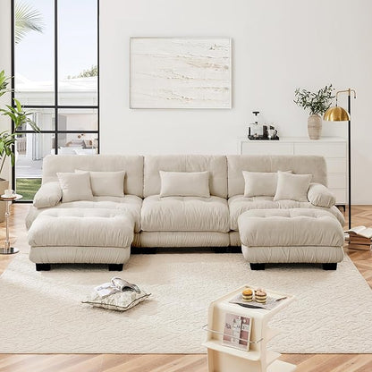 U Shaped Couch Sectional Couch, 3-Seater Cloud Couch Sectional Oversized Couch, Sofa Bed Couch with Round Bolster Armrests 5 Pillows, Modular Couch Home Sofa Living Room Couch