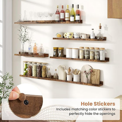 Fun Memories Picture Ledge Shelves Set of 2, 55 Inch Rustic Wall Mounted Floating Shelves with Lip for Home Storage and Décor in Bathroom, Kitchen, Nursery, Bedroom, Living Room, Brown