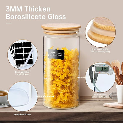 Multi Size - 5 Pack Glass Jars with Bamboo Lids, Glass Pantry Storage Containers with Airtight Lids, Round Air Tigh Food Storage Canisters for Cereal, Pasta, Flour, Sugar, Best for Kitchen Organizer