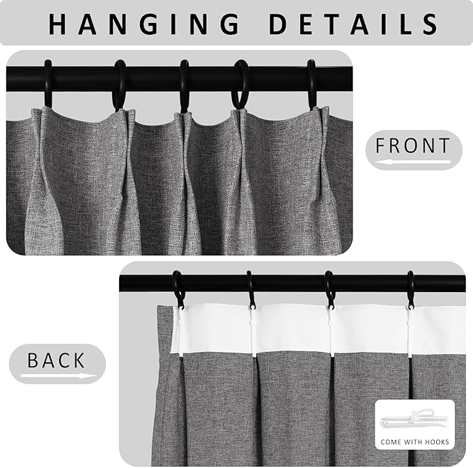 Macochico Extra Wide 100% Blackout Linen Curtains for Sliding Door Pleated Curtains with Hooks Insulated Soft Linen Drapes for Bedroom Living Room with Tieback Gray 100”Wx84”L 1 Panel