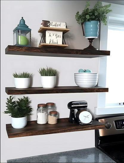 Wood Floating Shelves for Wall Decor, Rustic Wall Shelves for Bedroom Bathroom Kitchen Living Room, Set of 4 Walnut 24 Inch