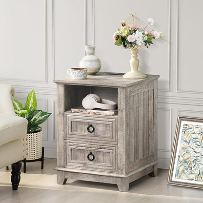 18" Farmhouse Night Stand with Charging Station, 2 Drawers End Table Dresser for Bedroom, Oak Wooden Nightstand, Bed Side Table with Open Shelf, Bedside Cabinet for Living Room, Closet