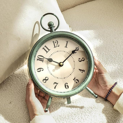 EMAX Home Vintage Green Rustic Retro Table Clock, Silent Non-Ticking, Battery Operated, 10.5"H, 7.28"W, Green Dial, Tabletop, Indoor, Kitchen