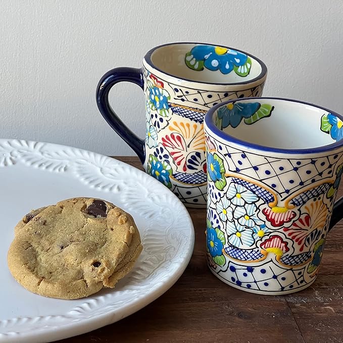 Encantada Handmade Hand-Painted Authentic Mexican Pottery Mugs (Multi Blue Green)