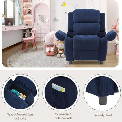 Ulax furniture Corduroy Kids Recliner Chair, Toddler Armrest Sofa Couch, Ergonomic Adjustable Lounge Sofa with Footrest, Padded Backrest, Storage Arms, Navy Recliner for Girls and Boys