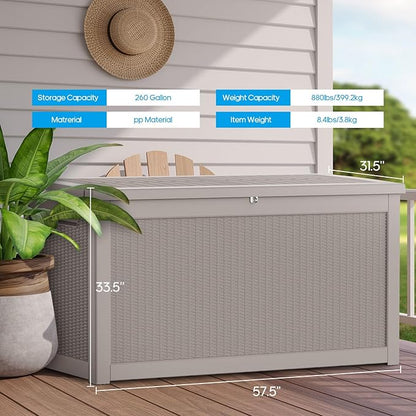 Large Deck Box 260 Gallon, Resin Patio Storage Box with Lockable Lid for Patio Furniture, Garden Tools, Pool Accessories, Weatherproof Outdoor Storage Bin, Brown
