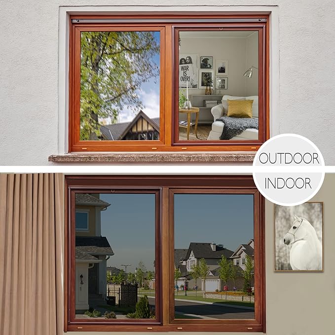 HIDBEA One Way Privacy Window Film, Daytime Mirror Reflective Heat Control UV Sun Blocking Non-Adhesive Static Cling Window Tint for Home and Office (Black-Silver, 17.5 Inch x 13.1 Feet)