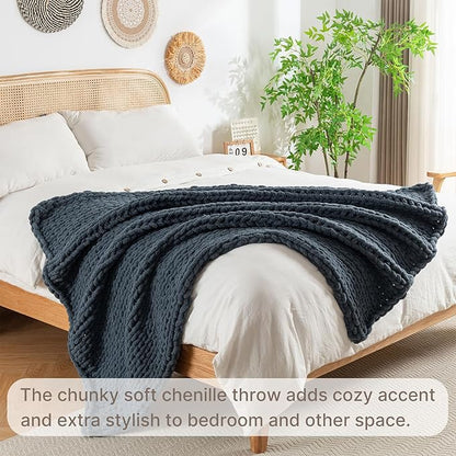 Chunky Knit Blanket Throw, 100% Hand Knit Throw Blanket Handmade Chenille Cable Knit Throw for Couch, Stylish Cozy Soft Rope Knot Crochet Blanket for Home Decor, Blue Mirage, 40x50 Inches