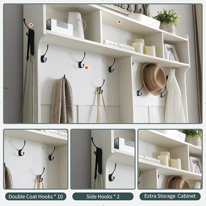 JXQTLINGMU 59" Farmhouse Hall Tree with Shoe Storage, Entryway Bench with 20 Cubbies, 12 Hooks & Sliding Barn Doors, Mudroom Coat Rack Cabinet, Off White
