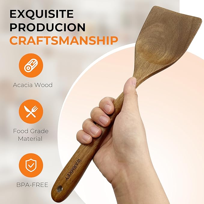 Acacia Wood Spatula Set of 3 - Natural Wooden Cooking Utensils for Nonstick Pans, Scratch-Proof & Heat Resistant, Sturdy & Lightweight Kitchen Tools with Hanging Holes