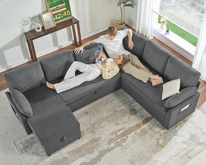 VanAcc Pull Out Sofa, 112 Inch Oversized U Shape Sleeper Sofa Couch with Storage Chaise & 3 Seater, Comfy Couch with Pull Out Bed for Living Room, Grey Linen