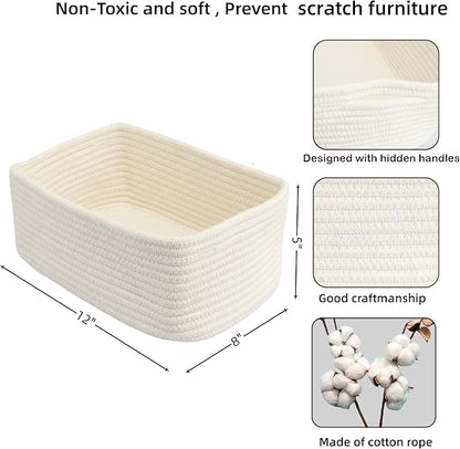 Small Woven Storage Baskets 12“X8”X5“ Decorative Rope Bins for Organizing Shelves, Closets, and Toys, Empty Gift Baskets, Cute Organizer Basket for Home and Office (white, regular)