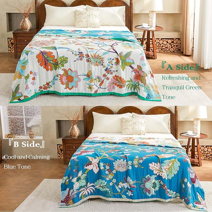 Summer Throw Blanket, 90"x98" Reversible Bohemian Flower Blanket, 100% Cotton Muslin Breathable Woven, Farmhouse Decorative Throw Blanket