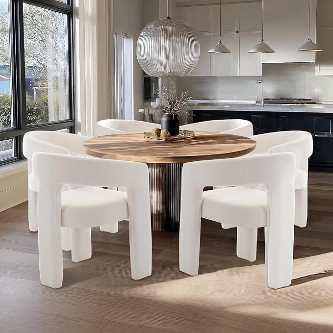 White Chenille Dining Chairs Set of 4, Modern Barrel Dining Room Chairs Upholstered Accent Chair with Arms and Round Back for Living Room Kitchen Armchair No Assembly Needed