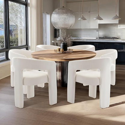 White Chenille Dining Chairs Set of 4, Modern Barrel Dining Room Chairs Upholstered Accent Chair with Arms and Round Back for Living Room Kitchen Armchair No Assembly Needed