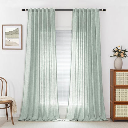 MYSKY HOME 95 Inch Curtains Farmhouse Light Filtering Privacy Curtain Drapes for Patio Door Living Room, Linen Look Texture Fabric Bohemian Draperies Soft Touch Back Tab, 50x95, Aqua, 2 Panels