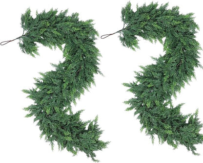 Hananona 6 FT 2 Pcs Artificial Cedar Garlands, Real Touch Winter Cedar Garland, Green Artificial Greenery Pine Garland for Table, Mantle, Wall, Indoor, Outdoor Christmas Decorations (2, 6 FT)
