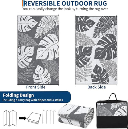 GAOMON Waterproof Outdoor Rug 8x10 Reversible Outdoor Plastic Straw Rug Modern Patio Carpet, Foldable Lightweight RV Camping Mat with Portable Bag & 4 Stakes, UV Resistant & Sturdy for Picnic, Grey