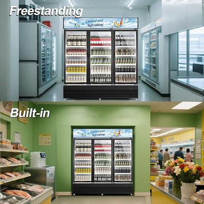 Tylza Commercial Refrigerator, Three Glass Door Display Beverage Fridge, 59.06 Cu Ft Upright Beverage Cooler Merchandiser with Replaceable Advertising Light Board, Rebound Door, Fast Cooling