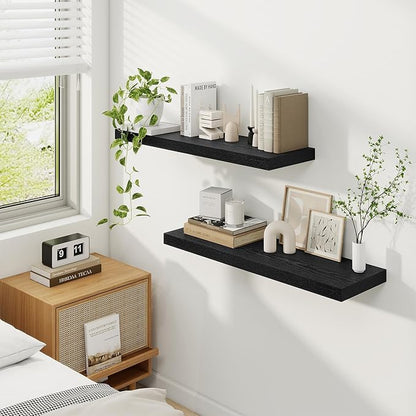 Fun Memories Floating Shelves for Wall, 32 Inch Rustic Wood Wall Mounted Shelves for Bathroom, Bedroom, Kitchen, Living Room, Deep Floating Shelves for Storage & Home Decor (Black, Set of 2)