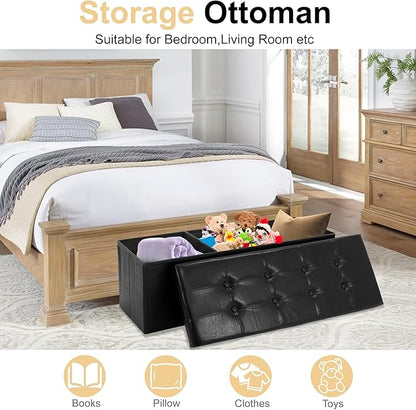 43 Inches Folding Storage Ottoman Bench, PU Leather Storage Chest, Footrest Padded Seat for Bedroom and Hallway, Holds up to 660 lbs, Black