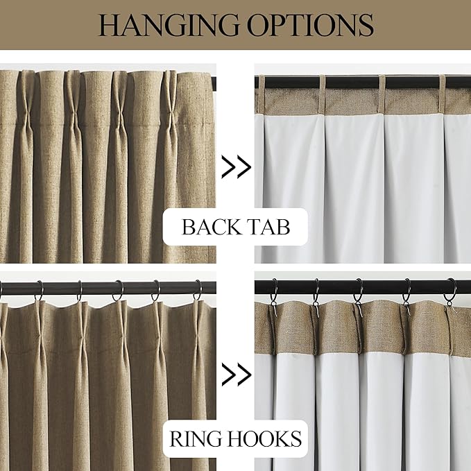 Vision Home Brown Pinch Pleated Full Blackout Curtains Linen Blended 60" Wide Thermal Insulated Window Panels 120 inch for Bedroom Living Room Darkening Pleat Drapes with Hooks Back Tab 60" Wx120 Lx1