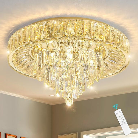 Modern Crystal Chandeliers for Dining Room LED Light Fixture Close to Ceiling Chandelier Flush Mount Ceiling Light Dimmable Lamp with Remote for Living Room Bedroom Hallway