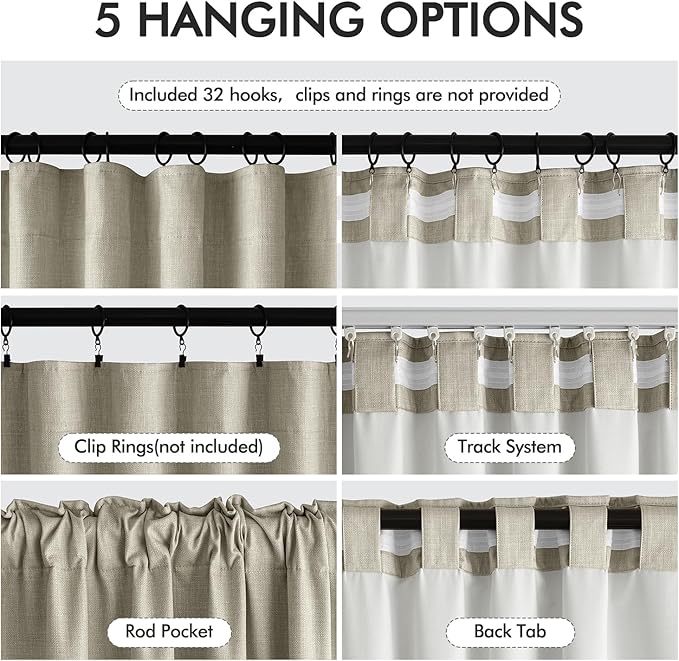 MIULEE 100% Blackout Curtains 120 Inch Long 2 Panels Set for Bedroom, Thick Luxury Faux Linen Black Out Curtain Room Darkening Back Tab Pleat Window Textured Drapes with Hooks for Living Room, Oatmeal