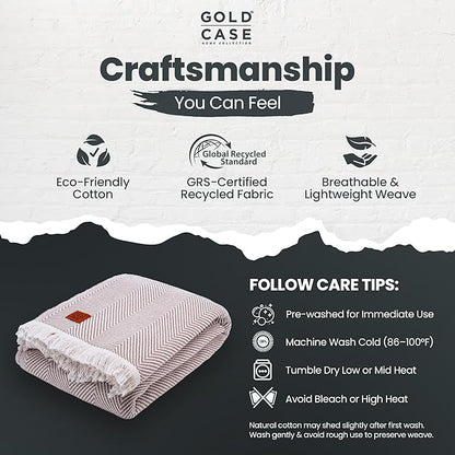 Gold Case Throw Blanket for Bed – 100% Recycled Turkish Cotton Bed Blanket – Decorative Throw Cotton Blankets for Living Room & Bedroom – Elegant Beige Woven Queen Blankets – 90x90
