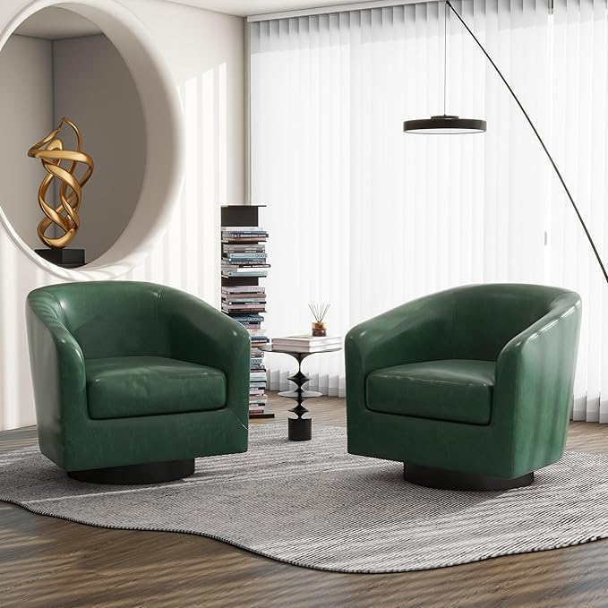Swivel Barrel Accent Chair, Modern Round Faux Leather Arm Chair for Living Room, Bedroom, Comfy Club Reading Chairs for Adults(Faux Leather, Green, Set of 4)
