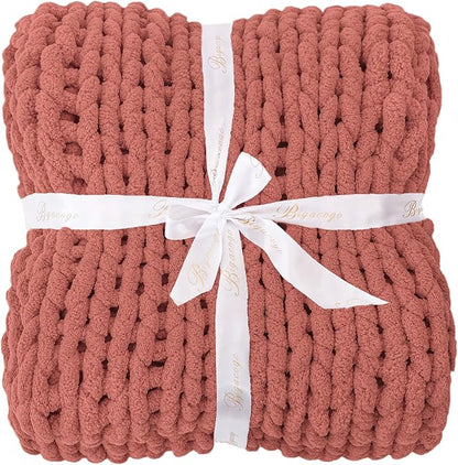 Bigacogo Chunky Knit Throw Blanket for Couch, 40x80 inches, 100% Hand Knitted with Thick Jumbo Chenille Yarn, Cozy Soft Large Rope Knot Cable Crochet Blankets for Sofa Bed Living Room, Antique Red